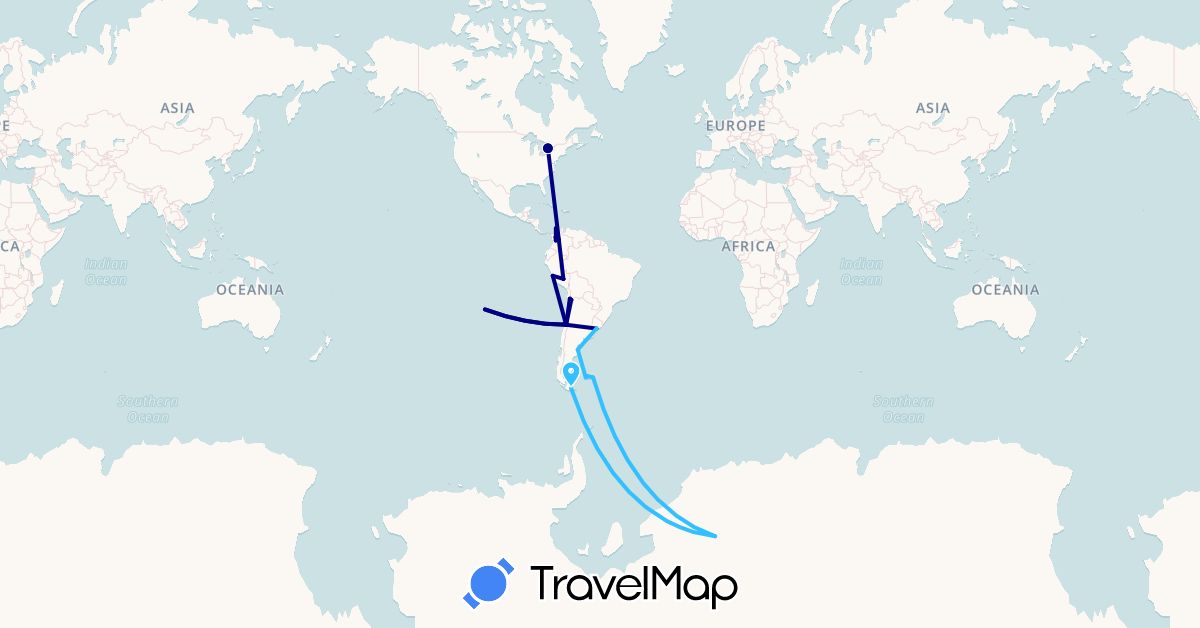 TravelMap itinerary: driving, boat in Antarctica, Argentina, Canada, Chile, Colombia, Falkland Islands, Peru, Uruguay (Antarctica, North America, South America)